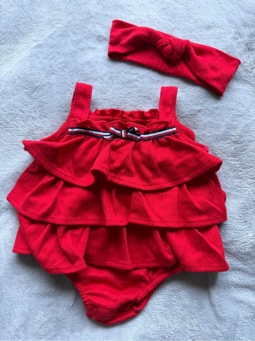 Tommy Hilfiger Red Baby Romper with Ribbon Bow